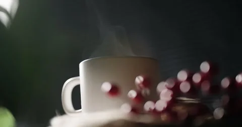 Hot steaming cranberries fruit tea cup on table, cinematic isolated slow moti Video stock 320466259