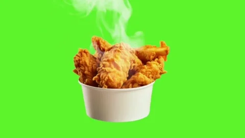 Hot steaming crispy fried chicken bucket loop animation on green screen. Stock Footage 340996017