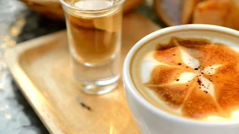 Hot steaming cup of coffee standing on a wooden table. morning coffee concept. 動画素材 334650932