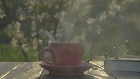 Hot steaming cup of tea on wooden table with glasses and book, surrounded by Stock Footage 335320144