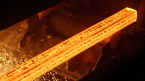 Hot steel billets continuous casting at a metallurgical plant Stock Footage 110984405