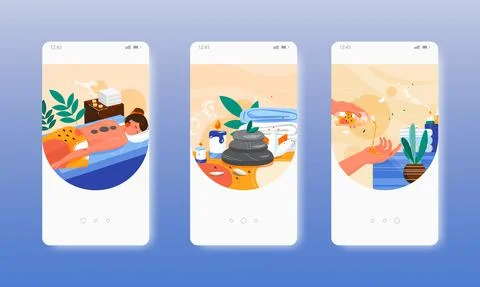 Hot stone massage. Spa therapy, body treatment. Mobile app screens, vector Stock Illustration