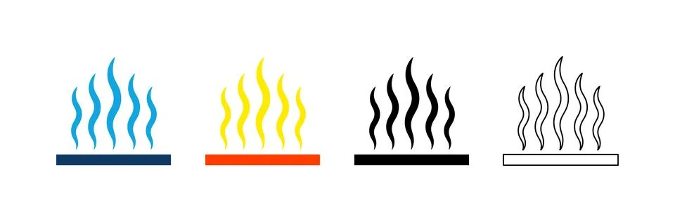 Hot surface warning solid icon set containing icons for heat, steam, temper.. Stock Illustration