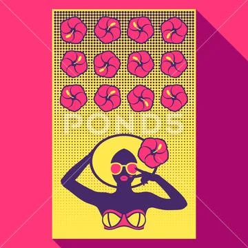 Hot tan girl in bikini in flat pop art style Stock Illustration