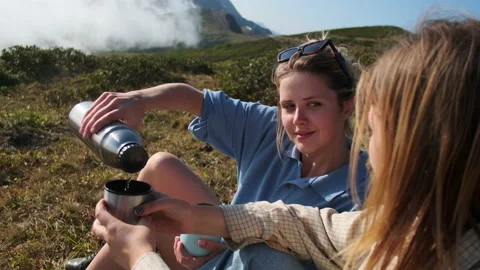 Hot tea after mountain hiking Stock Footage 152189083
