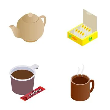 Hot tea and coffee beverages isometric icons set Stock Illustration