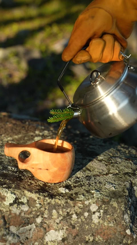 Hot tea is being poured from a camping kettle into a mug. A traditional kuksa Stockbeeldmateriaal 308058290