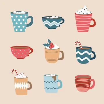 Hot tea, coffee cups set. Vector winter holidays elements Stock Illustration