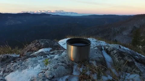 Hot Tea Cup and View of the Tatras Mountains in Slovakia. Stock Footage 150866509