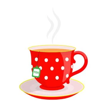 Hot tea. A cup with white peas on a red background with a saucer Stock Illustration