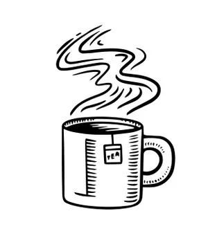 Hot tea in a cup. Winter warming drink with steam. Engraved hand drawn in old Stock Illustration