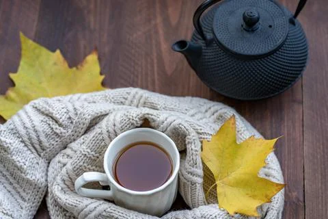Hot tea with fall foliage Stock Photos