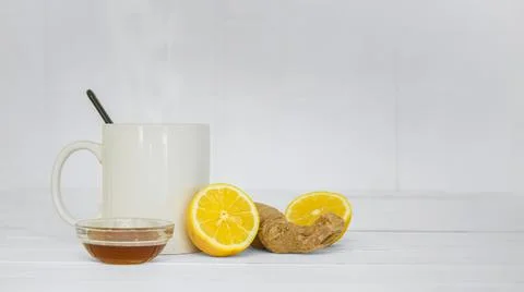 Hot Tea With Lemon, Ginger and Honey Home Remedies For Illness  Stock Photos