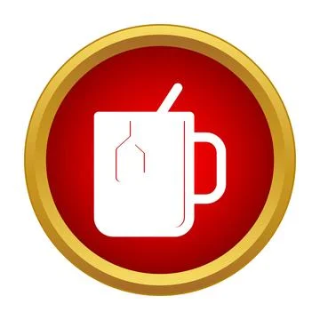 Hot tea mug with tag icon in red circle Stock Illustration