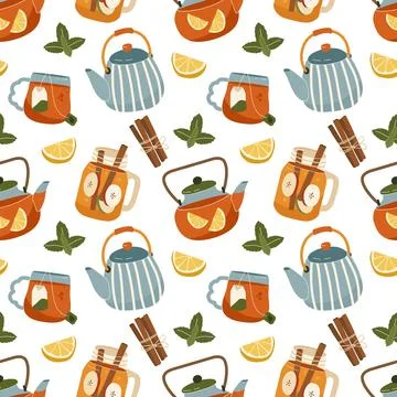 Hot tea seamless pattern with teapots cups lemon slices cinnamon sticks and m Stock Illustration
