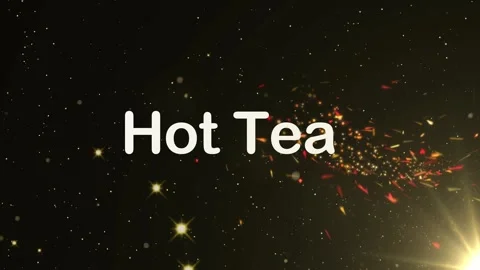 Hot tea text overlay with floating golden particles and bright lens flares on Stock Footage 338386960