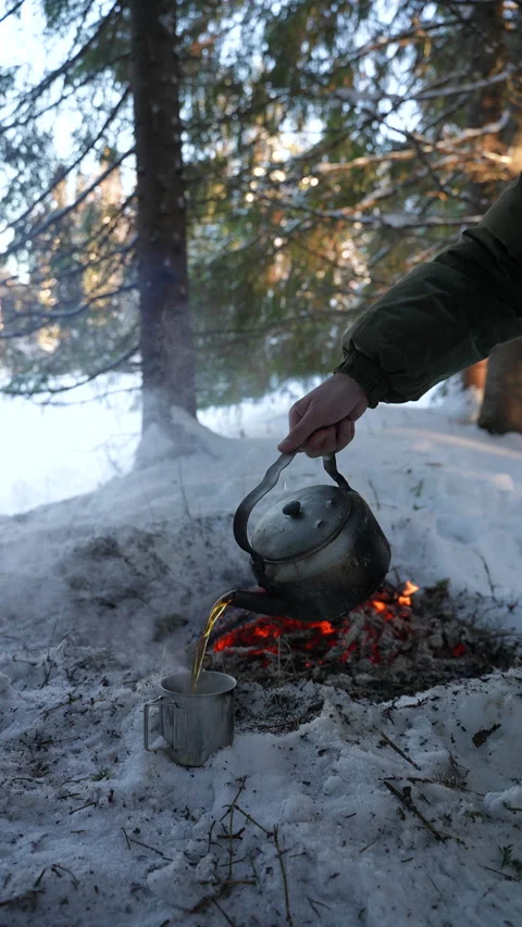 Hot tea on a winter hike. Vídeo Stock 330388117
