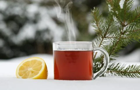 Hot tea in the winter Stock Photos