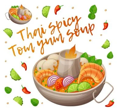 Hot tom yum soup vector icon with ingredients. Traditional dinner cartoon Stock Illustration
