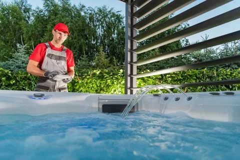 Hot Tub Jacuzzi Installer Testing SPA 库存照片