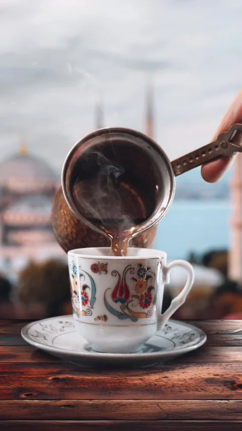 A hot Turkish coffee with a view of Bluemosque. istanbul story vertical size Stock Footage 294949098