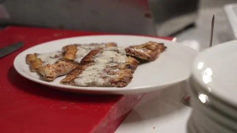 Hot Turkish pide with ground meat, cheese, and roasted pepper Stock Footage 336741264