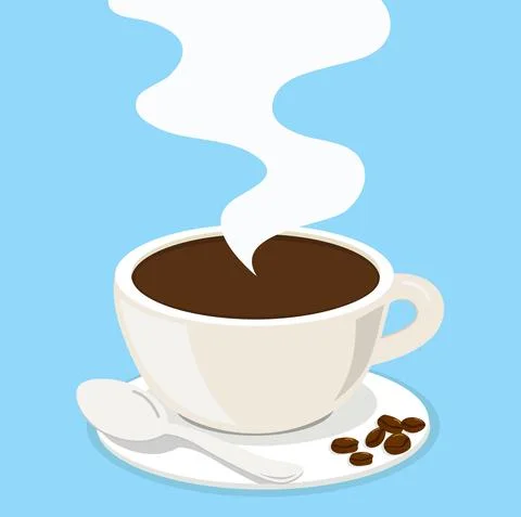 Hot white cup coffee with beans Flat cartoon Stock Illustration