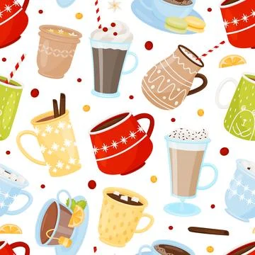 Hot Winter Drinks Seamless Pattern with Mug Vector Template Stock Illustration