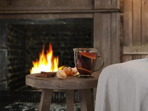 Hot winter tea and background with fireplace. 3D RENDERING Stock Illustration