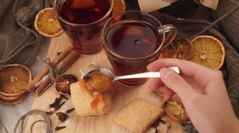 Hot winter tea in a white mug with christmas Stock Footage 56556889