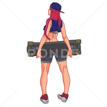 Hot young woman with pink hair and snapback is standing with a longboard Stock Illustration