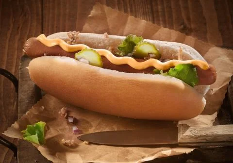 Hotdog with mustard Stock Photos