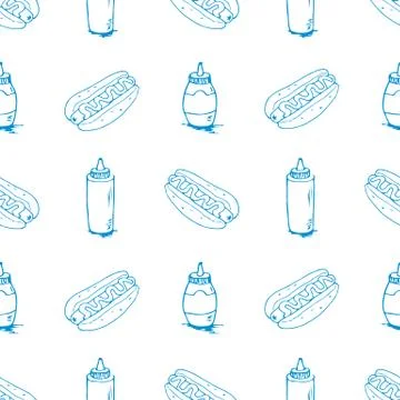 Hotdogs Hand Drawn Seamless Pattern 스톡 일러스트