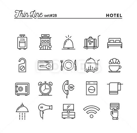 Hotel, accommodation , room service, restaurant and more, thin line icons set Stock Illustration
