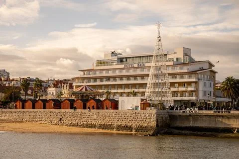 Hotel Baia waterfront with holiday structure in Cascais Stock Photos