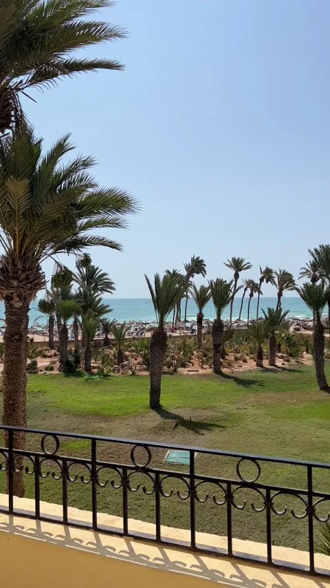 Hotel balcony view palm trees garden beach sea landscape Tunisia HD vertical Stock-Footage 342078469