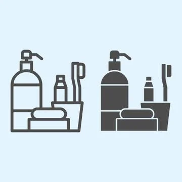 Hotel bath time items line and solid icon. Bathroom accessories set for hygiene Stock Illustration