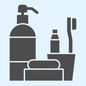 Hotel bath time items solid icon. Bathroom accessories set for hygiene. Horeca Stock Illustration