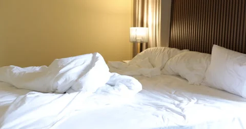 Hotel bed room white blanket cozy background Stock Footage 344032333