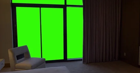 Hotel Bedroom Curtains Open to Reveal Green Screen View Stock Footage