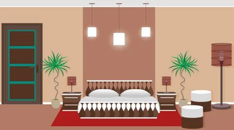 Hotel bedroom interior including light equipment, bed, houseplan Stock Illustration