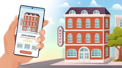 Hotel booking application. Hand with smartphone near red building. App for Ilustración de archivo