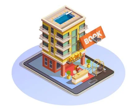 Hotel Booking Button Isometric Tablet Icon Stock Illustration