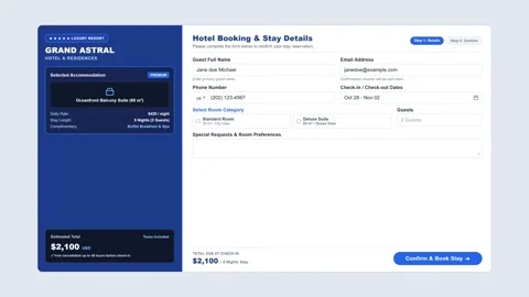 Hotel booking interface animation showing reservation process. 4K Stock Footage 345495203