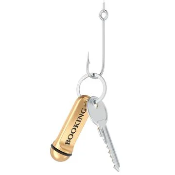 Hotel booking key on fish hook. Concept of scam, phishing, reservation frau.. Stock Illustration