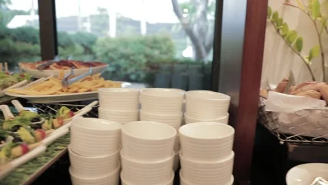 Hotel breakfast buffet pan shot Stock Footage 295103887