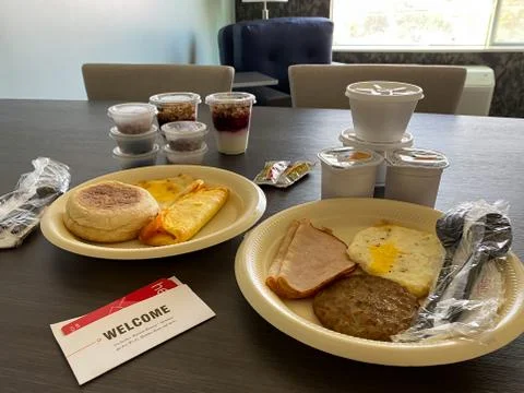 Hotel Breakfast packed individually during coronavirus pandemic Stock Photos