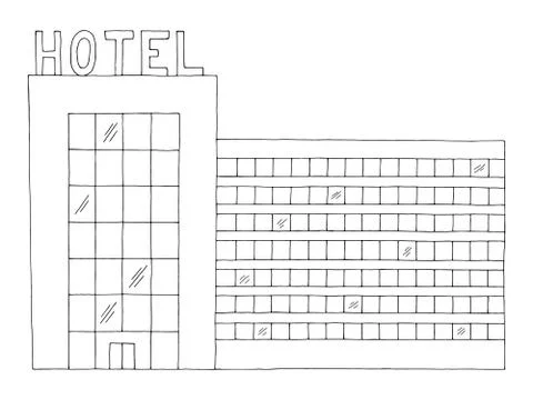 Hotel building exterior front view graphic black white sketch illustration vecto Ilustración de archivo