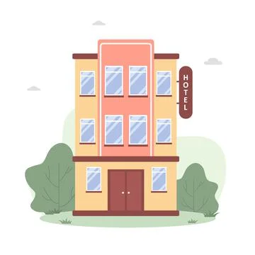 Hotel building in flat style on white background. Modern city urban landscape Ilustración de archivo