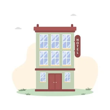 Hotel building in flat style on white background. Modern city urban landscape Ilustración de archivo